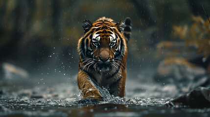 Fototapeta na wymiar Amur Tiger Walking in River Water, Dangerous Animal in Taiga Environment, Generative AI