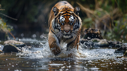 Obraz premium Amur Tiger Walking in River Water, Dangerous Animal in Taiga Environment, Generative AI