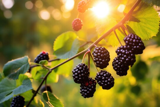 Delicious blackberries on a green branch in the garden at sunset A branch with natural blackberries against a blurred background, Blackberries falling in the air with Blackberry leaves, Ai generated