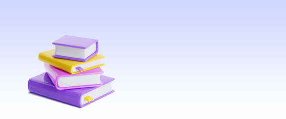 Close book stack on pastel purple background with empty space for text. Realistic 3d vector illustration of literature pile for reading and education concept. Textbook publication.