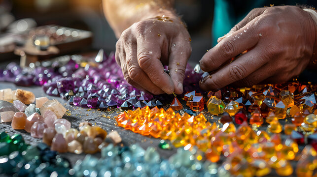 Jeweler Preparing Gems for Bracelet Stock Image, Gemstone Crafting Scene, Artisan at Work Generative AI

