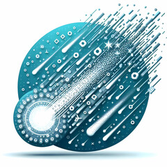 3D Flat Icon Techno-Meteor Shower Concept Meteors with a trail of binary code and digital particles with white background and isolated fantasy digital innovation