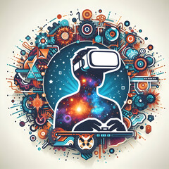 3D Flat Icon Virtual Reality Cosmos Concept A user immersed in a VR headset with cosmic visuals surrounding them with white background and isolated fantasy digital innovation