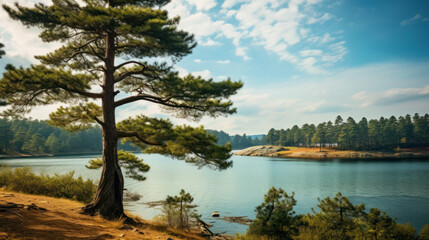 Naklejka premium Blue water in a forest lake with pine trees