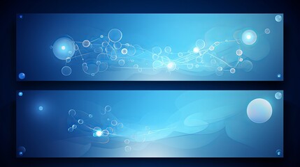 Series of horizontal banners featuring blue molecule designs, offering a medical background for banners or flyers, with nanotechnology-inspired shining spheres.