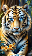 The look of a tiger amidst tropical splendor.