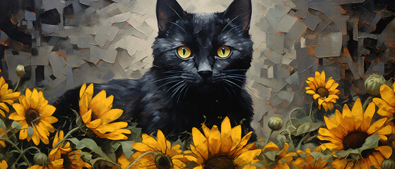Black Cat made of oil paint modern art with sunflower