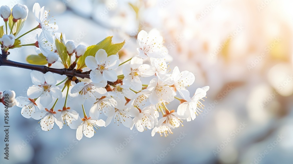 Poster Spring background featuring blossoming cherry trees, symbolizing the arrival of the season.