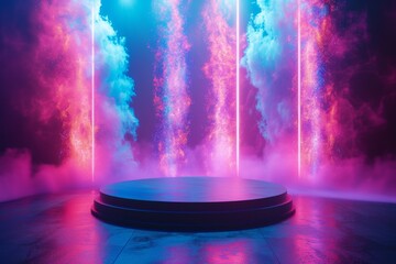 A minimalist podium adorned with holographic displays - obrazy, fototapety, plakaty