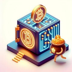 investment Crytocurrency concept Circuit of Fortune- A neon-lit circuit board leading to a vault of digital wealth with isolated white background and cute digital innovation style