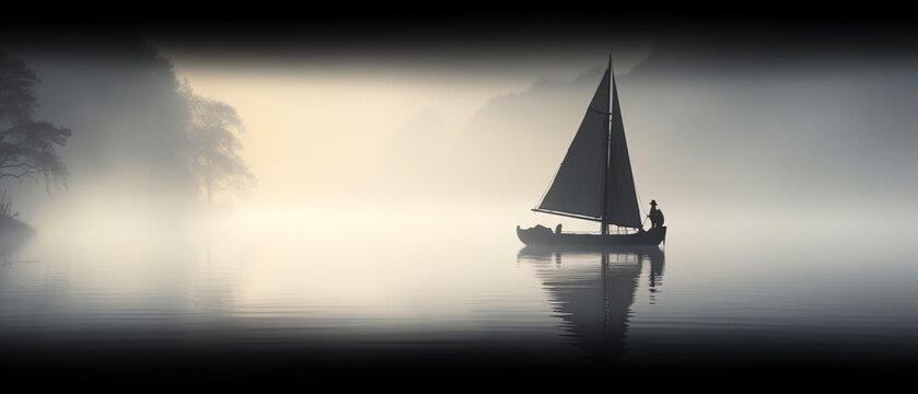 black sailboat silhouette in the fog. .5