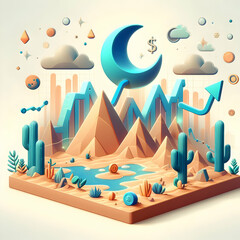 investment Crytocurrency concept Data Dunes- Sand dunes shaped like stock charts shifting with the wind with isolated white background and cute digital innovation style