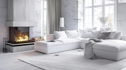 White corner sofa near fireplace. Scandinavian home interior design
