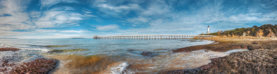 Australia, Victoria, Bellarine Peninsula, panorama of Point Lonsdale Jetty and lighthouse