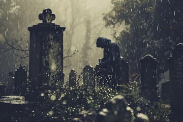 Man Fell Sad in Cemetery Graveyard