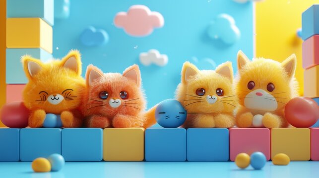 Four fluffy toy cats with cartoonish features sitting on colorful geometric blocks under a blue sky backdrop.
