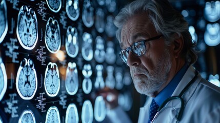 An experienced radiologist examines MRI scans of the brain, reflecting concentration and advanced medical diagnostic processes.
