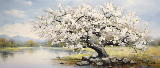 Obraz na płótnie Canvas blooming white flower tree in a serene landscape paint