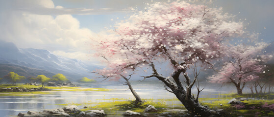 Fototapeta na wymiar blooming white flower tree in a serene landscape paint