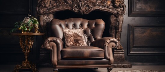 A leather chair sits in front of a fireplace in a dimly lit room, surrounded by hardwood furniture and art pieces, creating a cozy and elegant atmosphere