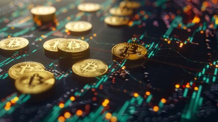 generative AI illustration featuring neatly arranged golden Bitcoin tokens overlaid on a graph depicting market trends, serving as a representation of cryptocurrency investment and financial analysis