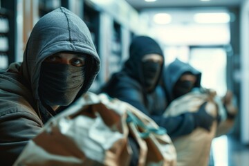 a bank robbery, with masked thieves and bags of loot