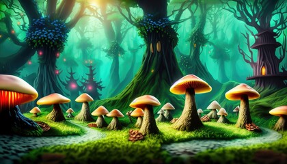 Fantastic wonderland forest landscape with mushrooms and flowers
