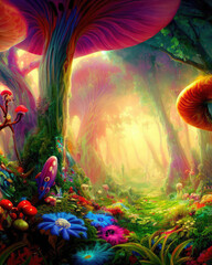 Fantastic wonderland forest landscape with mushrooms and flowers