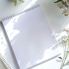 Blank white paper on a white desk with green leaf For mockup