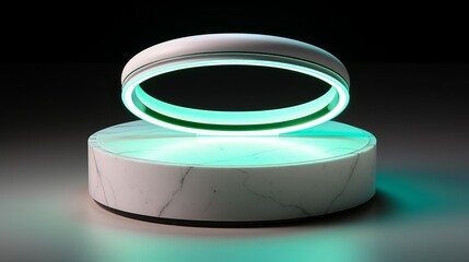A marble product display podium adorned with a white neon ring offers an elegant setting for showcasing various items.