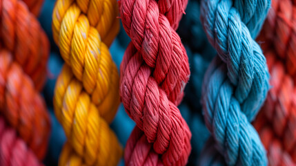 close up of colorful rope, Team rope diverse strength connect partnership together teamwork unity communicate support. Strong diverse network rope team concept background, Ai generated image