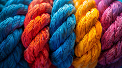 colorful wool yarn, Team rope diverse strength connect partnership together teamwork unity communicate support. Strong diverse network rope team concept background, Ai generated image - obrazy, fototapety, plakaty