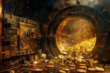 a bank vault, filled with gold bars and coins - obrazy, fototapety, plakaty