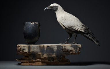 Fototapeta premium A wooden sculpture with a white base and a light-colored crow exhibits textured pigment planes, dark and moody still lifes, organic architecture, and transfixing marine scenes.