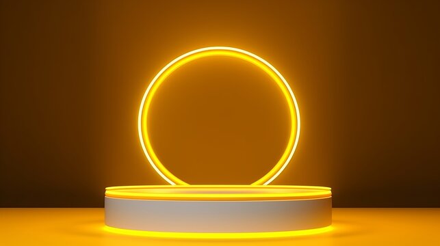 Yellow realistic 3d cylinder stand podium with glowing white neon in square shape. Abstract 3D Rendering geometric forms. Minimal scene. Stage showcase, Mockup product display © Tahir