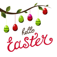 Vector tree branch with red green eggs on isolated background for Easter. Flat design for design