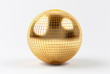 Fototapeta premium A gold disco ball sits on a white background, embodying postmodernist appropriation.
