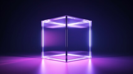 A studio image with a futuristic style showcasing a dark shiny cube reflecting rays of light. The block is positioned centrally and isolated over a purple-colored background.