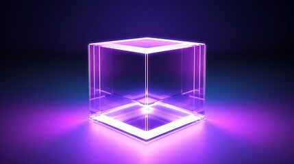 A studio image with a futuristic style showcasing a dark shiny cube reflecting rays of light. The block is positioned centrally and isolated over a purple-colored background.