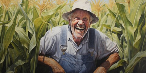 Obraz premium An older man smiles in the midfield of corn, his distinct stylistic range, dotted and cut/ripped appearance apparent.
