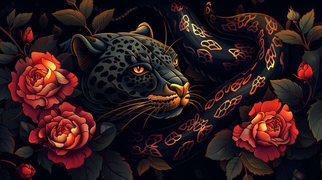 Panther Snake Roses Tattoo Graphic - Intricate Wildlife Art, Generative Ai