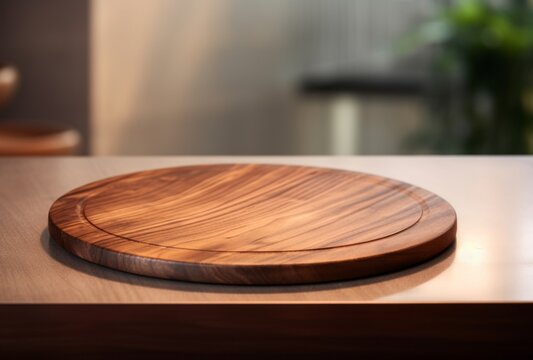 A wooden board sits on the countertop, its circular shapes, soft edges, blurred details, and exacting precision apparent.