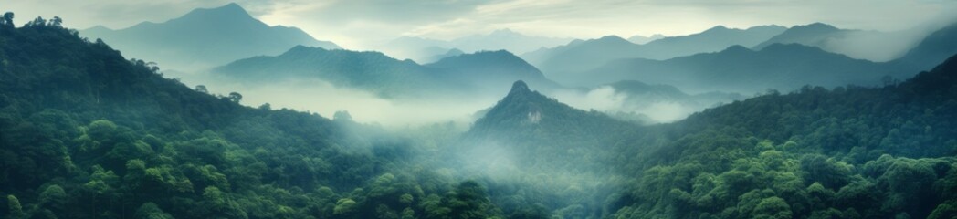 A green forest with mountains and trees is captured in panoramic scale, multiple exposure creating...