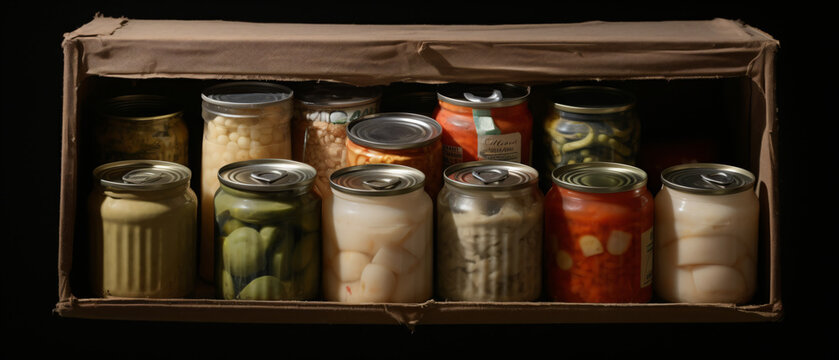 Box with canned food vegetable oil and macaroni packed