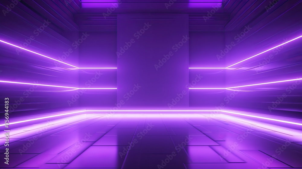 Wall mural abstract purple background with neon glow in an empty room with spotlights and lights.