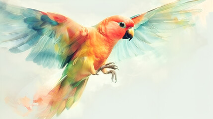 Colourful flying parrot isolated on white, Generative Ai