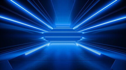 An abstract blue background with neon light, resembling a tunnel or corridor, perfect for product showcase spotlights in a clean photography studio.
