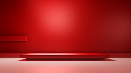 An abstract red studio background sets the stage for product presentation, featuring an empty room with shadows from windows. The 3D room offers ample copy space against a blurred backdrop.