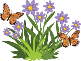 Gordijnen Colorful butterflies hovering over purple flowers © GraphicsRF