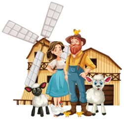 Gordijnen Illustration of farmers with animals near a barn and windmill. © GraphicsRF